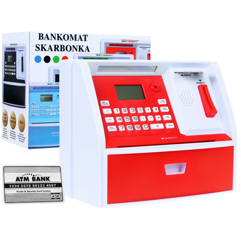 Bankomat s kartico Pokladnička za otroke 3+ rdeča Interaktivne funkcije + varčevalni način