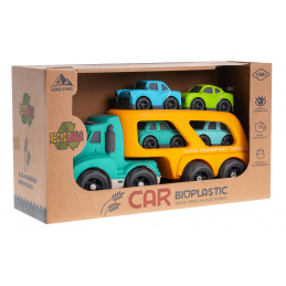 Karavan + 4 BIOplastična avtomobilčka za otroke 18m+ Rumena + Zvoki Luči + Premični deli + Ekološki material