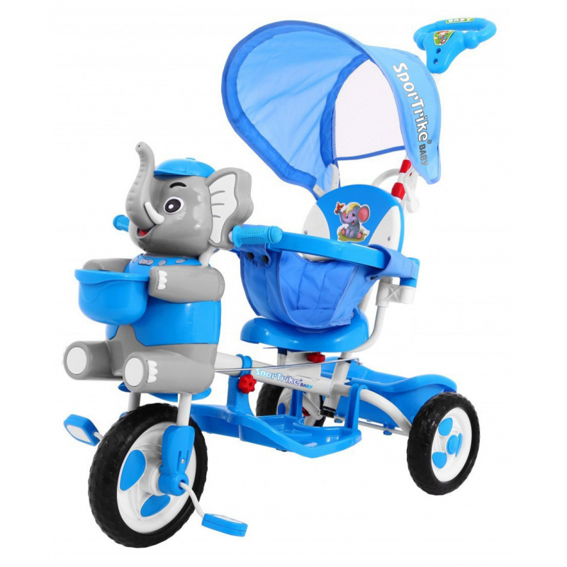 otroško trikolesno kolo Elephant Blue + zvoki + streha + ograja + naslon za noge + ročaj + sani + prostor za shranjevanje