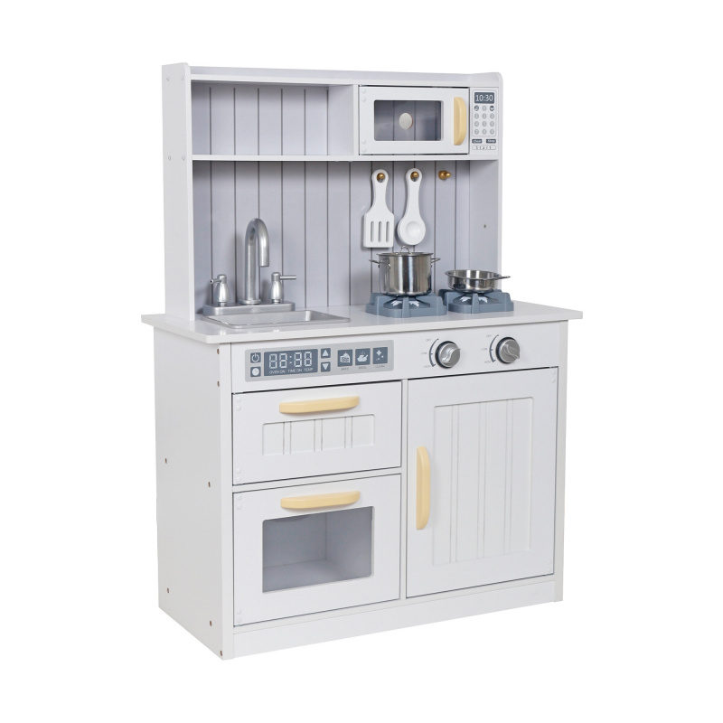 Aga4Kids Otroška lesena kuhinja Grannie z mikrovalovno pečico, umivalnikom in shrambo Belosiva