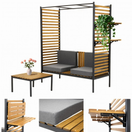 Vrtna pergola s klopjo z naslonjalom in mizica set