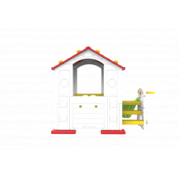 Otroška vrtna hišica 3 v 1 Rdeča streha + tobogan + koš za košarko