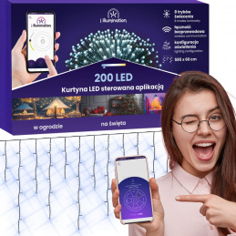 Svetlobna zavesa 200 LED - hladno bela - upravljana z aplikacijo