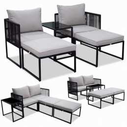 Vrtni komplet na jeklenem okvirju 2 stoli, miza, 2 tabureji in blazine