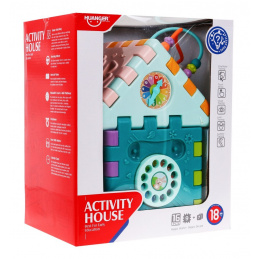 Senzorična hišica za otroke 18m+ Mini igre 9 sestavljank + sortirniki + prepletanje + ura