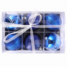 Set šestih modrih božičnih okraskov, 3 vzorci za drevo