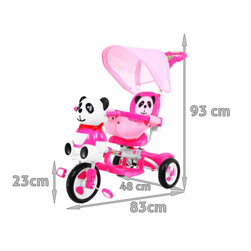 otroško trikolesno kolo Panda Pink + zvoki + streha + ograja + naslon za noge + ročaj + sani + prostor za shranjevanje