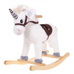 Gugalni samorog Gugalni konj za otroke 24m+ Bela + zvoki + leseni ročaj + udoben sedež + lesene sani