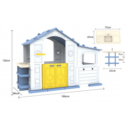 Velika hiša s predsobo, košarko in umivalnikom, modra streha
