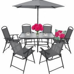 Komplet vrtnega pohištva - 6 zložljivih stolov, miza, senčnik