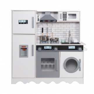 Aga4Kids Otroška lesena kuhinja Hedwig XXL s kuhinjsko napo, pralnim strojem in realističnimi učinki Belo-siva