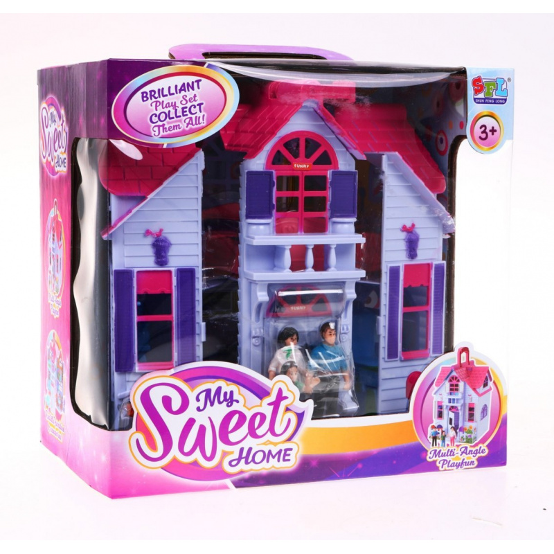 Raztegljiva otroška hišica 3+ Vijolična + figurice družine + pes + pohištvo + 2 nadstropji