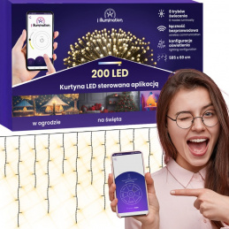 Svetlobna zavesa 200 LED - topla bela - upravljana z aplikacijo