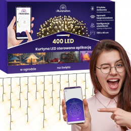 Svetlobna zavesa 400 LED - topla bela - upravljana z aplikacijo
