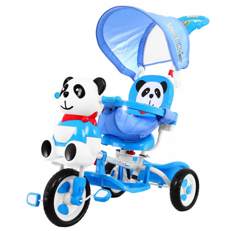 otroško trikolesno kolo Panda Blue + zvoki + streha + varovalo + naslon za noge + ročaj + sani + prostor za shranjevanje